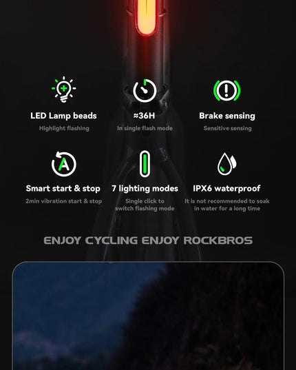 ROCKBROS Magnetic Bike Tail Light Type-C 7 modes Rechargeable LED Bicycle Rear Light for Night Riding Intelligent Brake Sensor