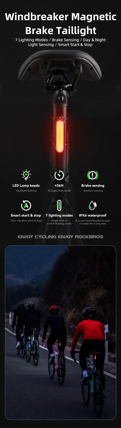 ROCKBROS Magnetic Bike Tail Light Type-C 7 modes Rechargeable LED Bicycle Rear Light for Night Riding Intelligent Brake Sensor