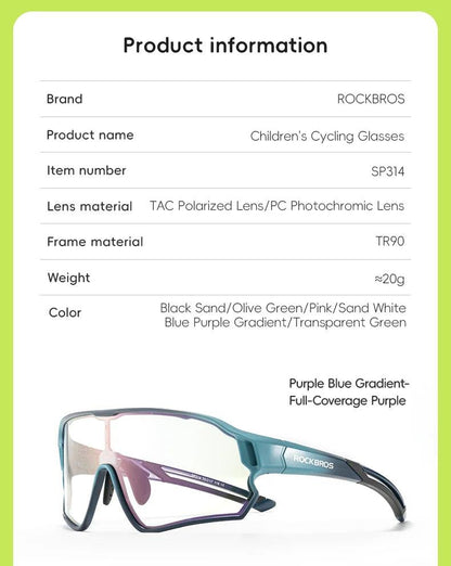 ROCKBROS Child Photochromic Polarized Sunglasses Bicycle Eyewear UV400 Kids Bike Goggles Protection Classic Windproof Glasses