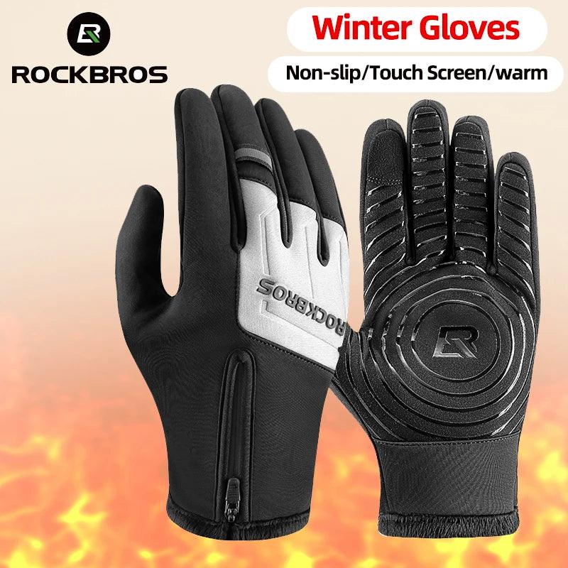 ROCKBROS Winter Warm Gloves Touch screen Cycling Gloves Full Finger MTB Bike Gloves Non Slip Silicone Palm Thermal Ski Gloves