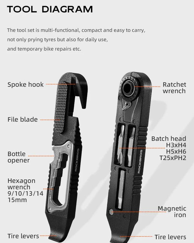 ROCKBROS Bicycle Wrench Set High Strength Multifunctional Portable Bicycle Tire Levers Ratchet Wrench Kit Bike Tire Prying Rod