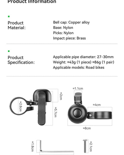 ROCKBROS Bicycle Bell for Road Bike Ring Crisp Sound Warning Alarm Bike Handlebar Copper Alloy Ring Horn Safety Cycling