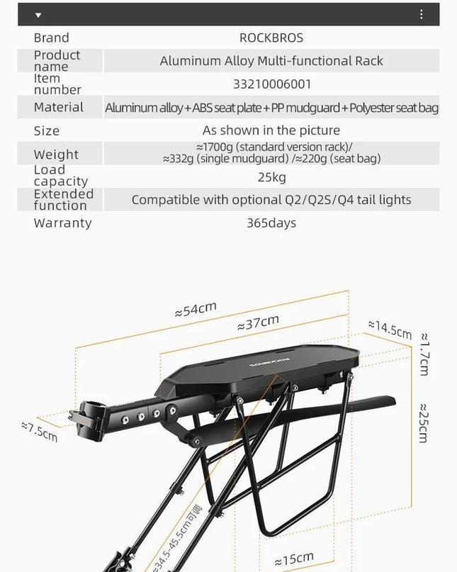 ROCKBROS Bicycle Luggage Carrier Aluminum Alloy Shelf MTB Cycling Bicycle Front Rack With Taillight Seatpost Bag Holder Stand