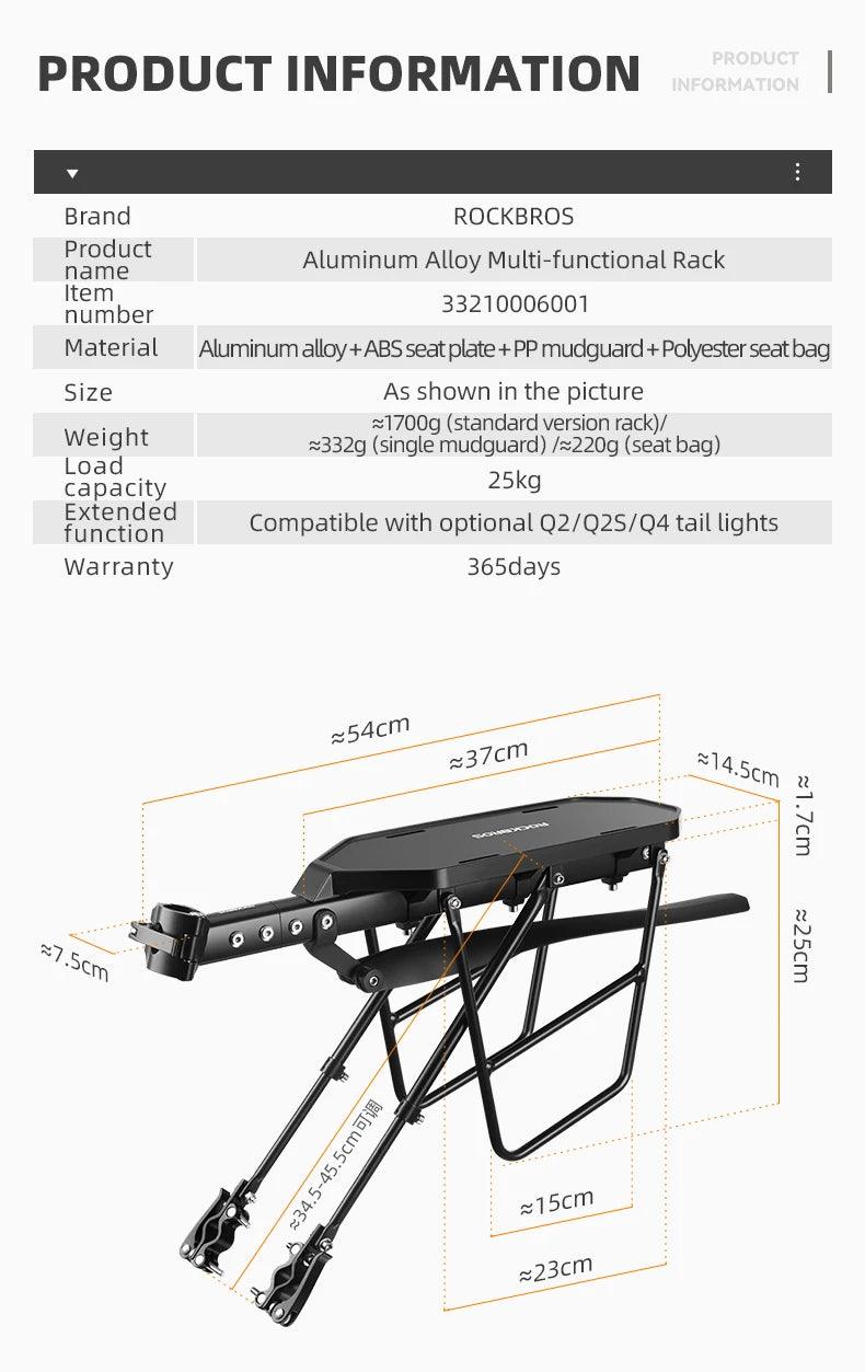 ROCKBROS Bicycle Luggage Carrier Aluminum Alloy Shelf MTB Cycling Bicycle Front Rack With Taillight Seatpost Bag Holder Stand