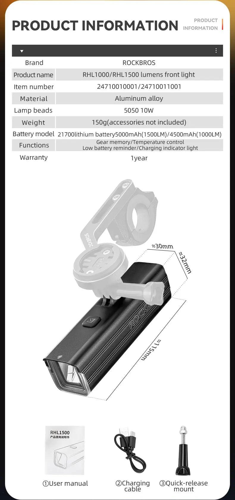 ROCKBROS Bike Light 1500LM/1000LM Aluminum Alloy Type-C Charging Smart Front Lights Hanging Version LED Lamp Cycling Headlights