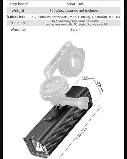 ROCKBROS Bike Light 1500LM/1000LM Aluminum Alloy Type-C Charging Smart Front Lights Hanging Version LED Lamp Cycling Headlights
