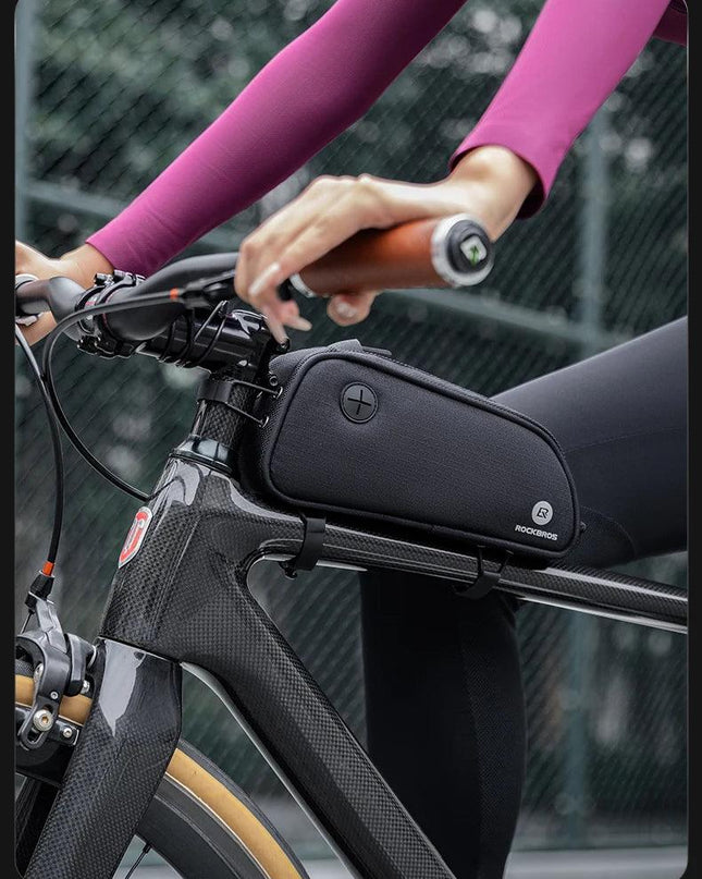 ROCKBROS Bicycle Bag 1.3L Portable Frame Front Tube Cycling Bag Waterproof MTB Road Bicycle Pannier Black With Headphone Jack