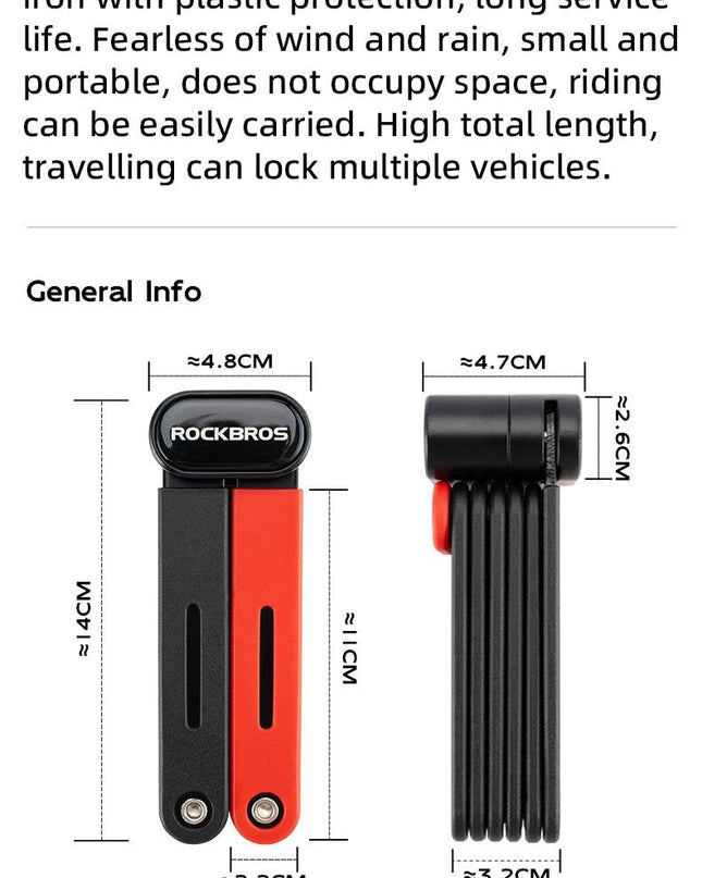 ROCKBROS Bike Foldable Lock Anti-theft Security Chain Cable Padlock 120CM Lengthened Chain Lock MTB Road Portable Cycling Lock
