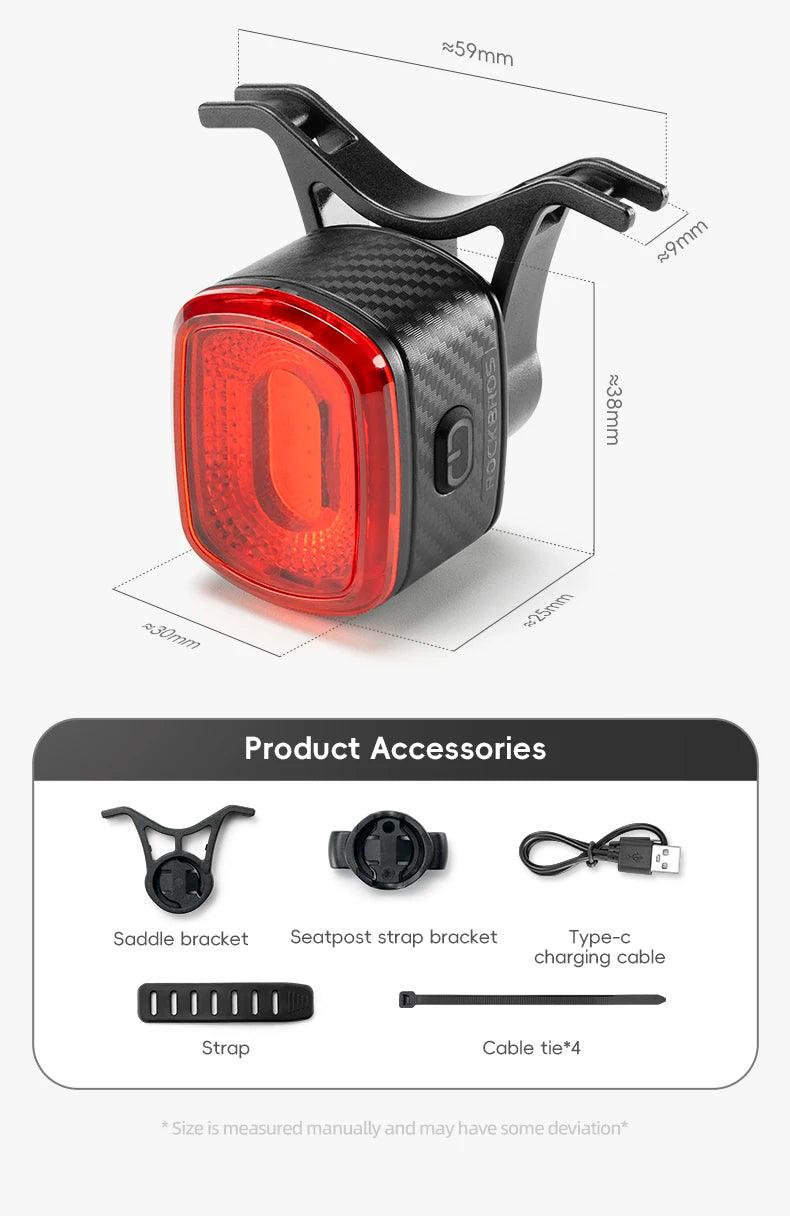 ROCKBROS Bicycle Tail Light Same Frequency Induction Brake Taillight IPX6 Waterproof Light Type-C Night Riding Warning Light