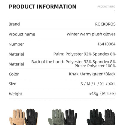 ROCKBROS Autumn Winter Ski Gloves Warm Windproof Gloves Cycling Snowboard Driving Double Layer Fleece-Lined Thickened Gloves