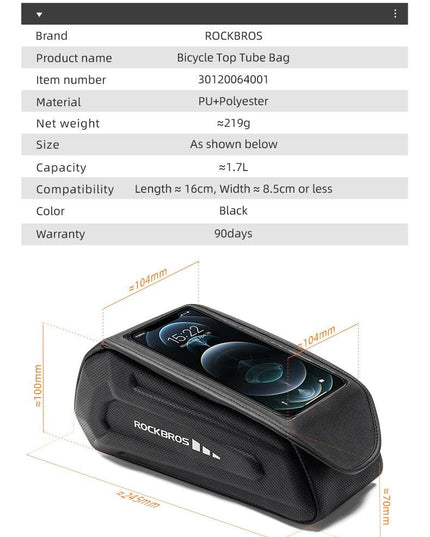 ROCKBROS Bike Bag 1.7L Phone Bag Waterproof Front Frame Cycling Bag Touch Screen Case Holder Hard Shell Bike Bag Mtb Accessories