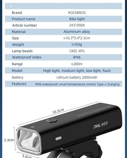 ROCKBROS Bike Light 200/400/600/800LM Type-C Charging Bike Light Front Lamp Headlight Aluminum IPX6 Waterproof Cycling Accessory
