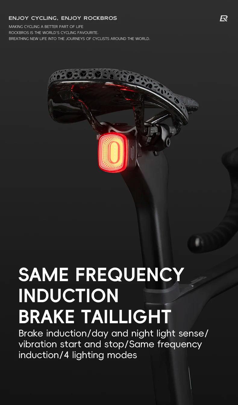 ROCKBROS Bicycle Tail Light Same Frequency Induction Brake Taillight IPX6 Waterproof Light Type-C Night Riding Warning Light