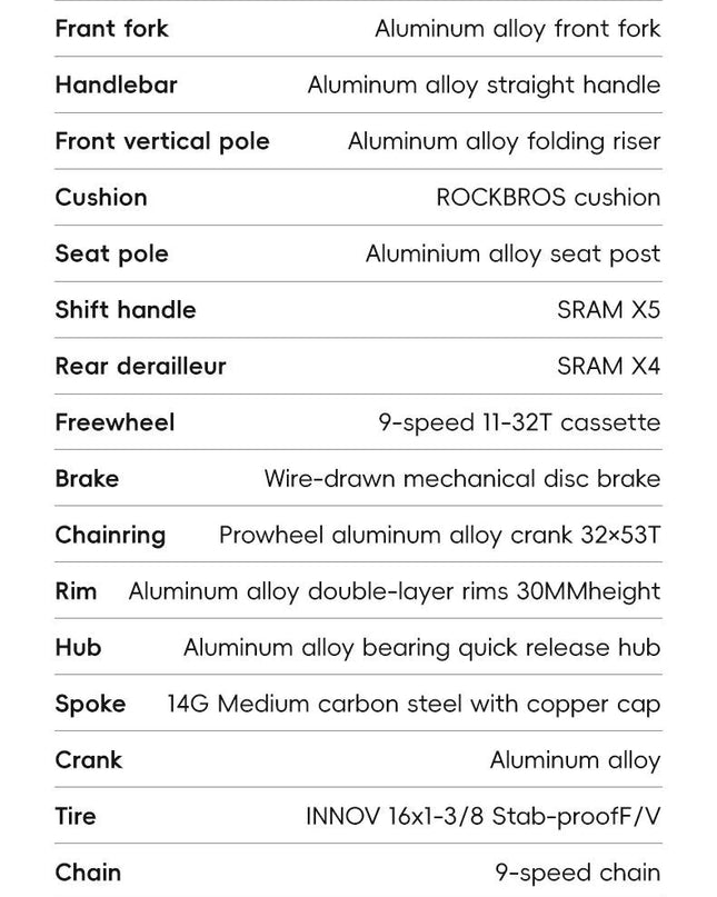 ROCKBROS Bike 16 inch with SRAM X4/X5-speed Aluminium Alloy Frame Adult Folding Bike Adjustable 9-Speed 11-32T Cassette Bike