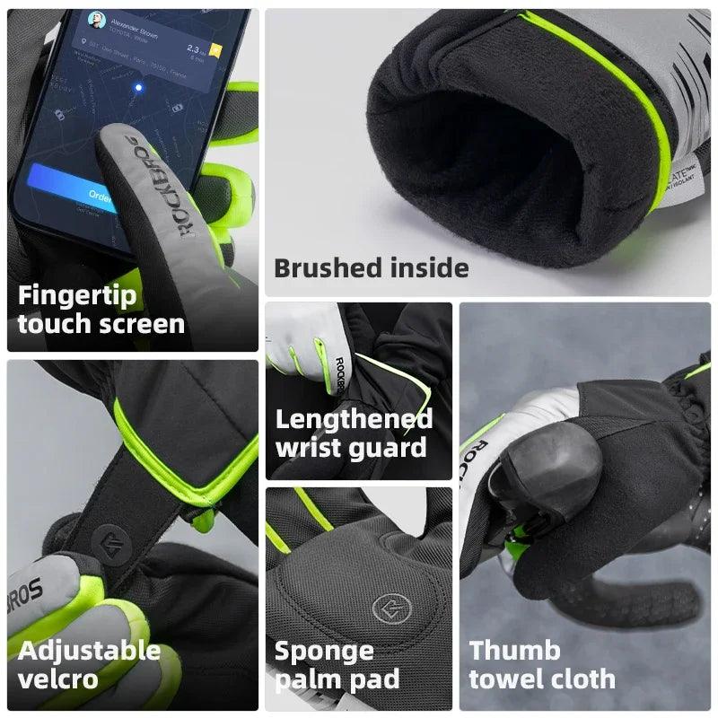 ROCKBROS Cycling Gloves Winter Windproof Keep Warm Reflective Gloves Thickened Palm Pad Touch Screen Night Cycling Glove MTB Men