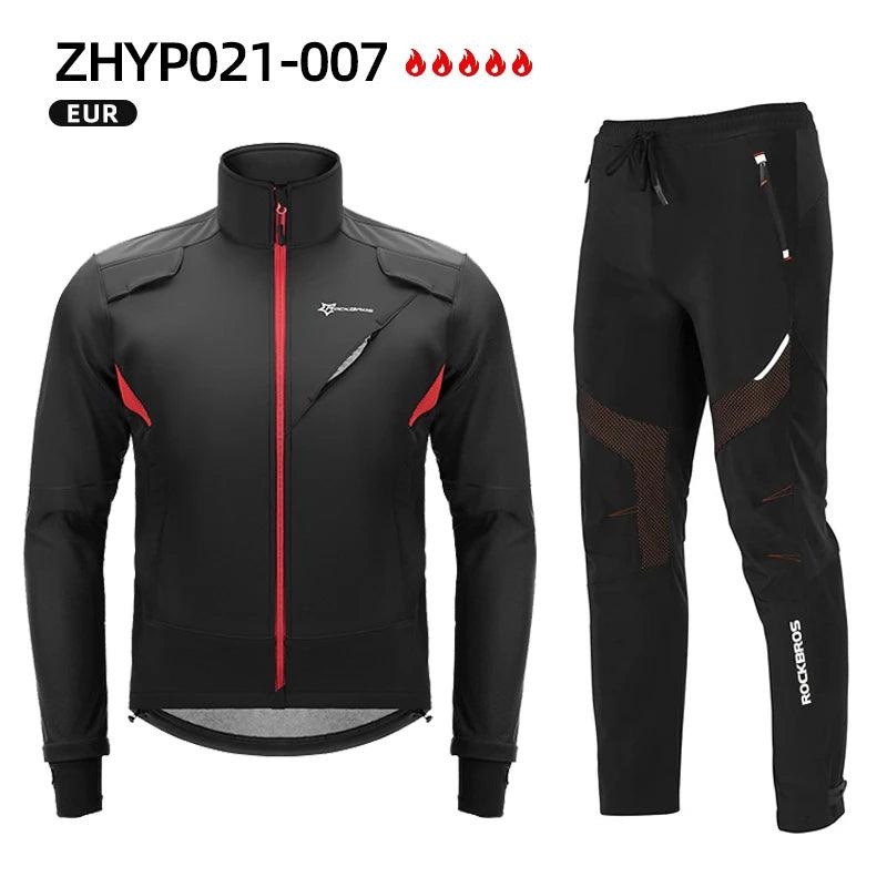 ROCKBROS Cycling Clothing Set Winter Windproof Reflective Cycling Jersey Thermal Fleece Pants Rainproof Set Men Women Sportswear