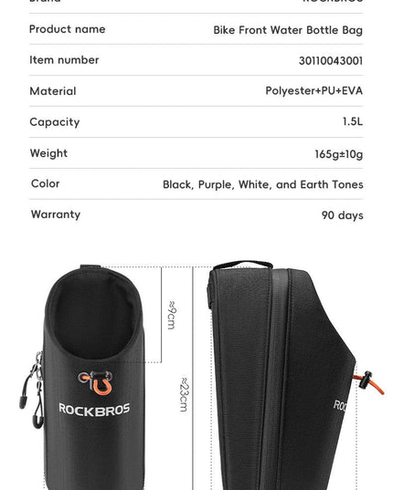 ROCKBROS Bicycle Bag Front Bag Water Bottle Bag 1.5L Folding Bike Mountain Road Bike Riding Bag Adjustable Large-caliber Bag
