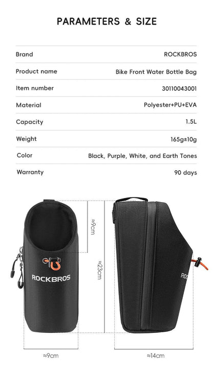 ROCKBROS Bicycle Bag Front Bag Water Bottle Bag 1.5L Folding Bike Mountain Road Bike Riding Bag Adjustable Large-caliber Bag