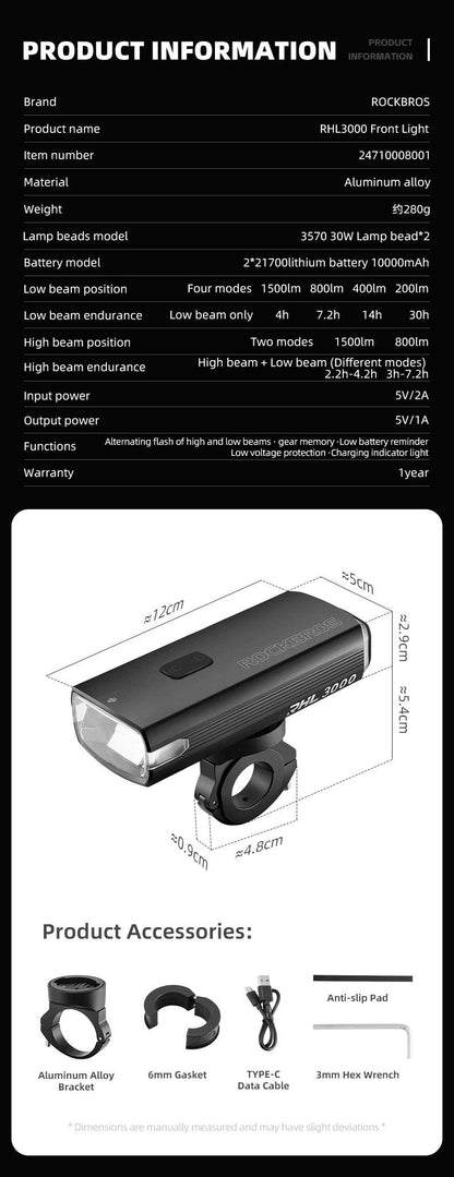 ROCKBROS 3000LM Bike Light Type-C Charging Front Lamp 10000mAh Bicycle Light IPX6 Aluminum Alloy Headlight Bike Accessories