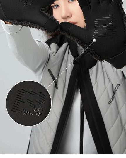 ROCKBROS Autumn Winter Ski Gloves Warm Windproof Gloves Cycling Snowboard Driving Double Layer Fleece-Lined Thickened Gloves