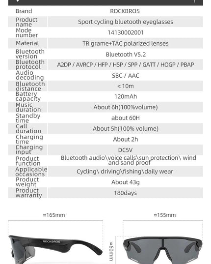 ROCKBROS Polarized Glasses Wireless Bluetooth 5.2 Sunglasses Headset Telephone Driving MP3 Riding Cycling Eyewear UV400 Goggles