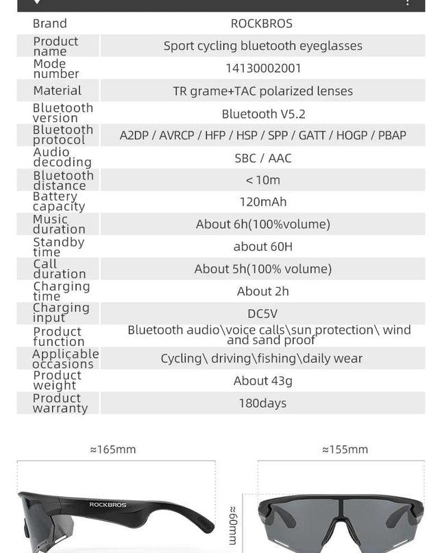 ROCKBROS Polarized Glasses Wireless Bluetooth 5.2 Sunglasses Headset Telephone Driving MP3 Riding Cycling Eyewear UV400 Goggles