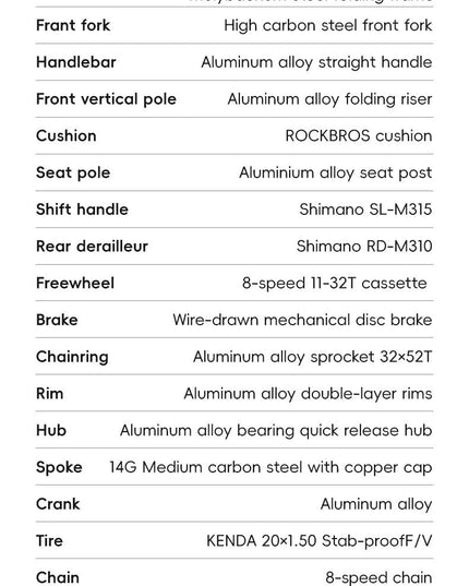 ROCKBROS Lightweight Bike Folding Design 20 inch Bike With Shimano 8-speed Wire-drawn Disc Brake System Adult Folding Bike