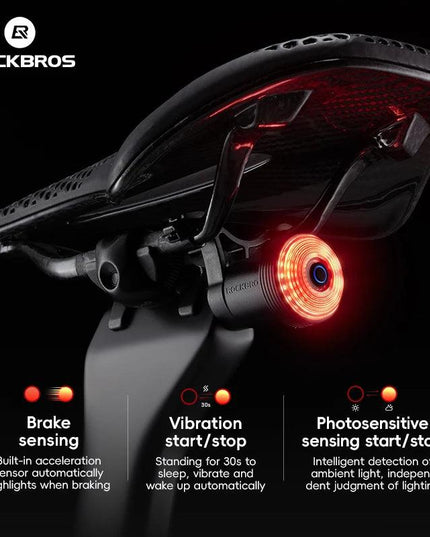 ROCKBROS Bicycle Taillight Smart Auto Brake Sensing MTB Road Bike Light New Type-C Charging Seatposts Saddle Bike Rear Light LED