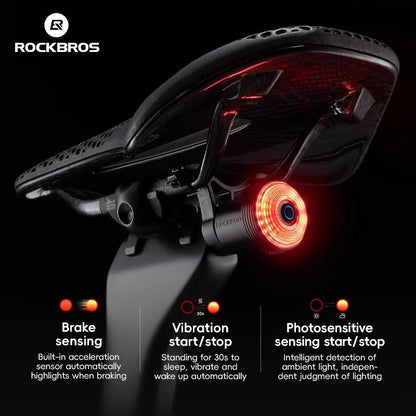 ROCKBROS Bicycle Taillight Smart Auto Brake Sensing MTB Road Bike Light New Type-C Charging Seatposts Saddle Bike Rear Light LED