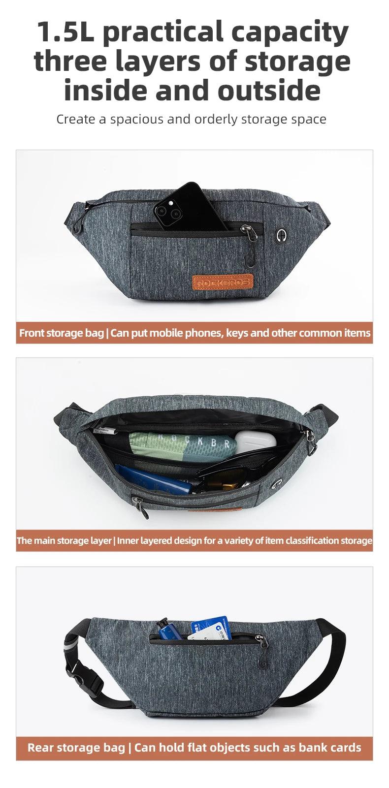 ROCKBROS Cycling Waist Bag 1.5L Multi Compartment Anti-scratch Storage Telephone Chest Bag Headphone Hole Design Bike Accessory