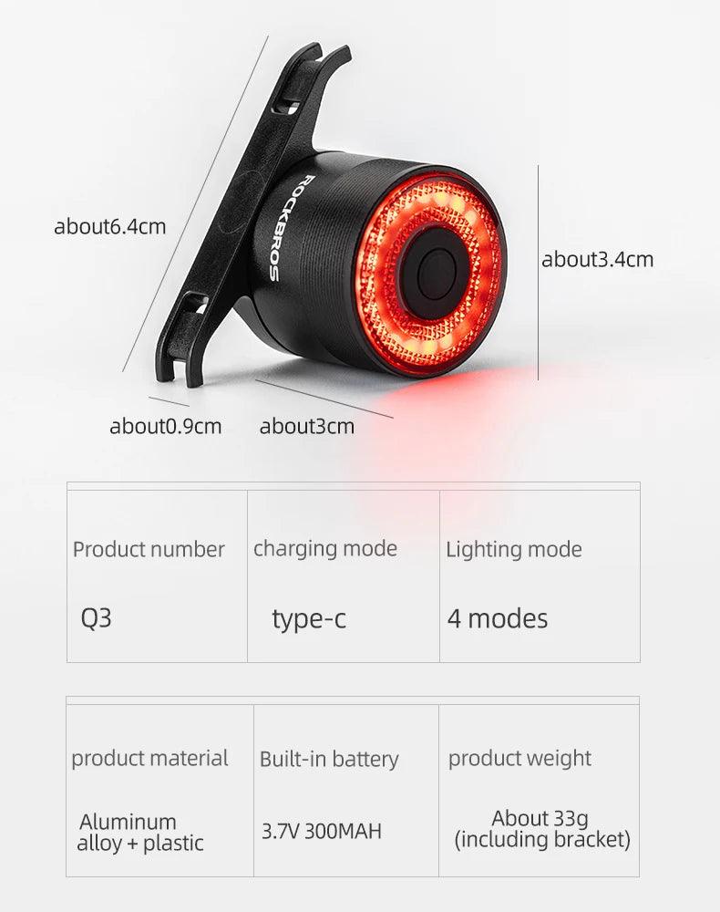 ROCKBROS Bike Tail Light MTB Road Bike Night Cycling Rear Light Smart Brake Sensor Warning Light Waterproof Bicycle Accessories