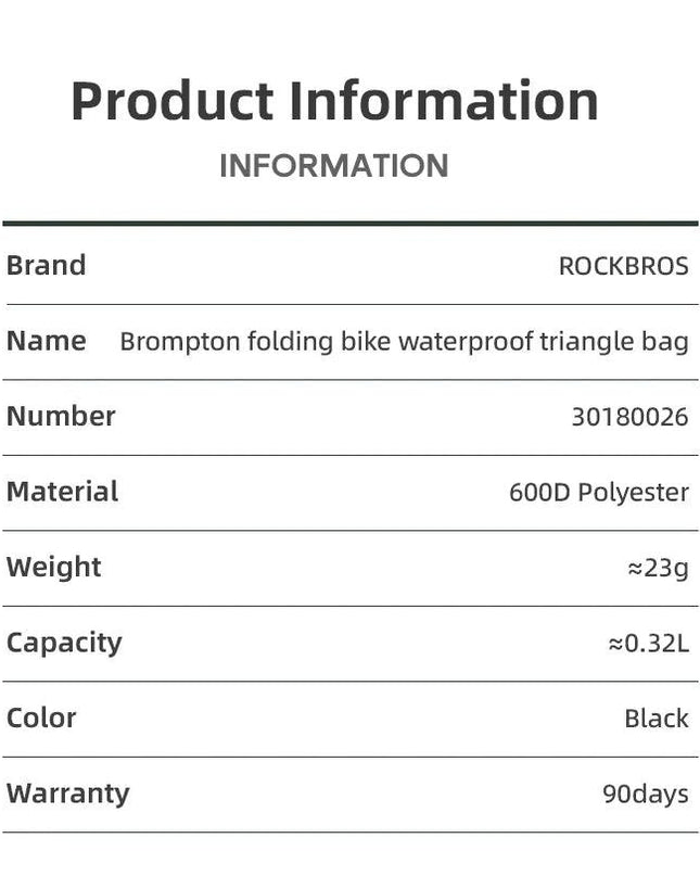 ROCKBROS Folding Bicycle Waterproof Triangle Bags for Brompton Bike 0.32L Portable Mini Brompton Bag Outdoor Bike Accessories