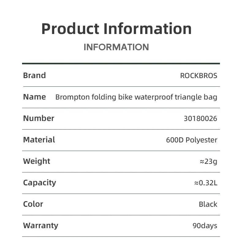 ROCKBROS Folding Bicycle Waterproof Triangle Bags for Brompton Bike 0.32L Portable Mini Brompton Bag Outdoor Bike Accessories