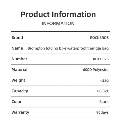 ROCKBROS Folding Bicycle Waterproof Triangle Bags for Brompton Bike 0.32L Portable Mini Brompton Bag Outdoor Bike Accessories