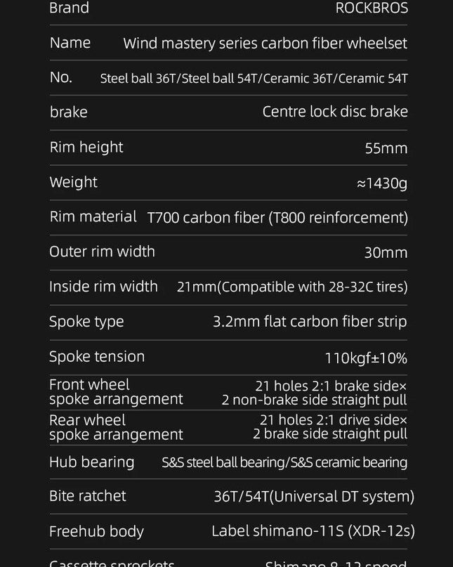 ROCKBROS Carbon Bicycle Wheelset 38mm 55mm Wheel Tubeless Clincher Tires Cycling Wheel Set Road Bike Steel Ball/Ceramic Peilin