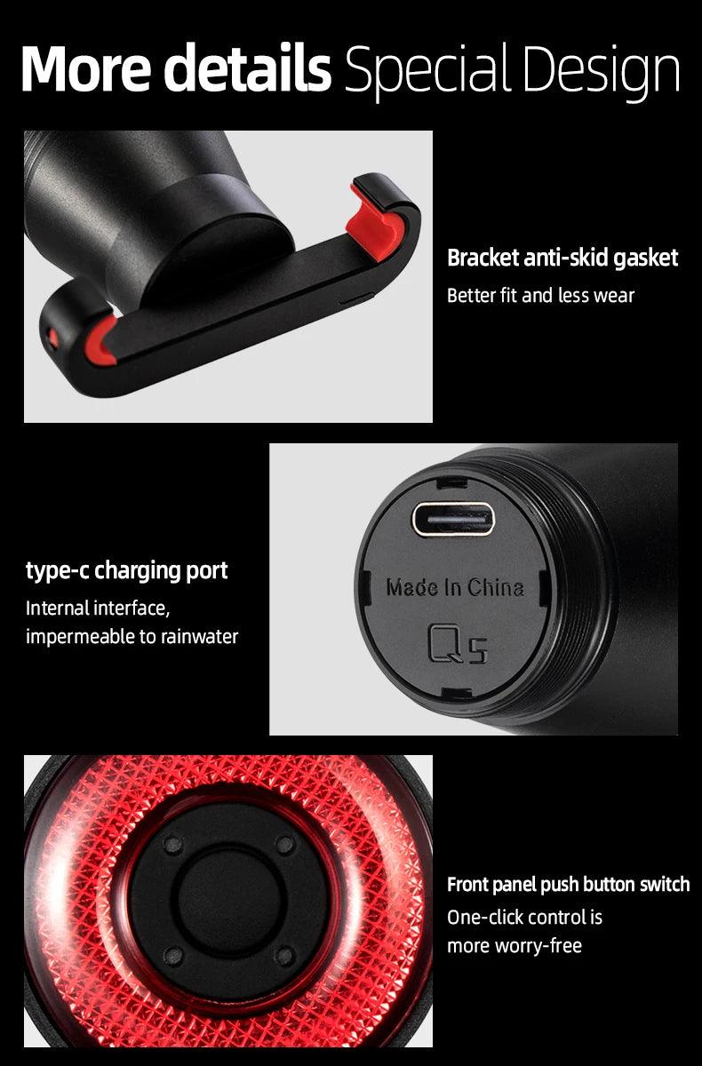 ROCKBROS Bicycle Smart Auto Brake Sensing Light IPx6 Waterproof LED Charging Cycling Taillight Bike Rear Light Accessories Q5