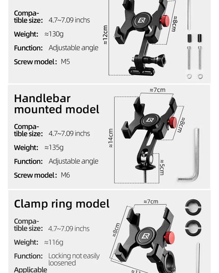 ROCKBROS Bike Phone Holder Aluminum Alloy Material Bracket Anti-slip Cushioning Pads 4.7-7.09 inch Mobile Phone Stand Shockproof