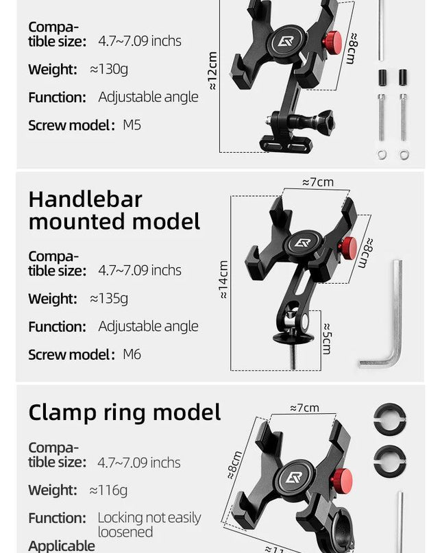 ROCKBROS Bike Phone Holder Aluminum Alloy Material Bracket Anti-slip Cushioning Pads 4.7-7.09 inch Mobile Phone Stand Shockproof