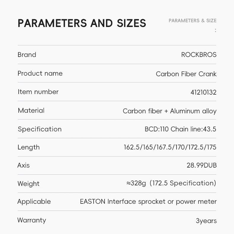 ROCKBROS Ultralight Carbon Fiber Bicycle Crank Chain wheel Spindle 162.5/165/167.5/170/172.5/175MM 52-36T  Transmission Systems