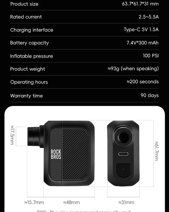 ROCKBROS Electric Air Pump Portable 100PSI Bicycle Pump Air Compressor Rechargeable Tire Inflator Pump 300mAh Battery Capacity