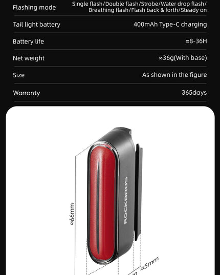 ROCKBROS Magnetic Bike Tail Light Type-C 7 modes Rechargeable LED Bicycle Rear Light for Night Riding Intelligent Brake Sensor