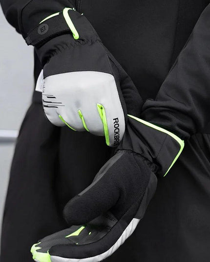 ROCKBROS Cycling Gloves Winter Windproof Keep Warm Reflective Gloves Thickened Palm Pad Touch Screen Night Cycling Glove MTB Men