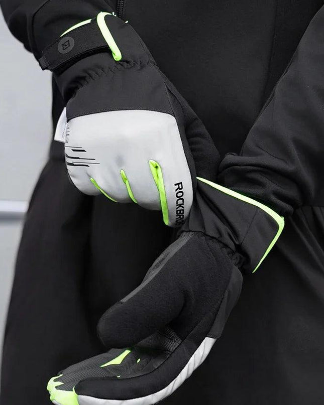 ROCKBROS Cycling Gloves Winter Windproof Keep Warm Reflective Gloves Thickened Palm Pad Touch Screen Night Cycling Glove MTB Men