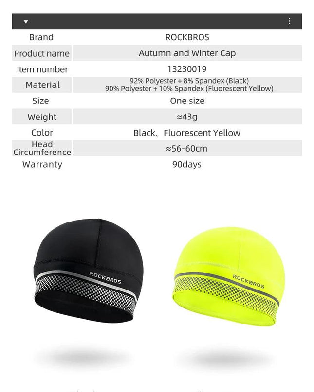 ROCKBROS Winter Fleece Ski Cap Windproof Thermal Cycling Cap Warmer Motorcycle Hat Helmet Liner Running MTB Bike Headwear