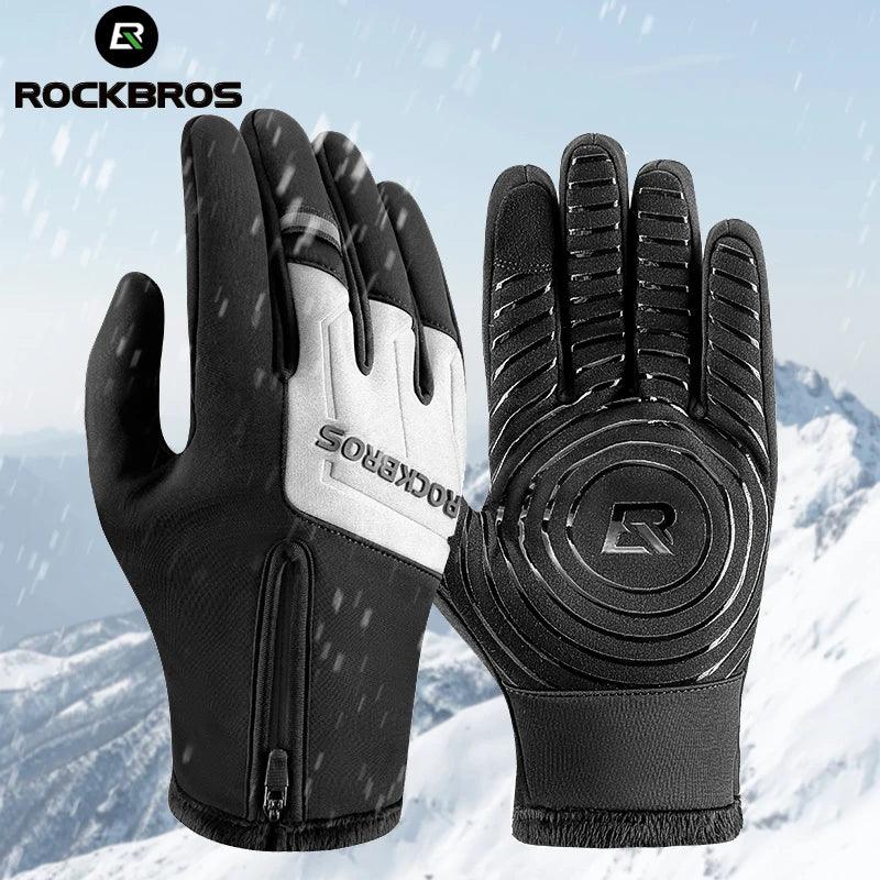 ROCKBROS Winter Warm Gloves Touch screen Cycling Gloves Full Finger MTB Bike Gloves Non Slip Silicone Palm Thermal Ski Gloves