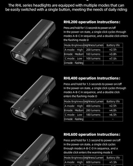 ROCKBROS Bike Light Waterproof Type-C Rechargeable Bicycle Headlight 200M Range Flashlight With Tail light Cycling Accessory