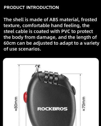 ROCKBROS Bicycle Lock Anti-theft Portable Lightweight 3-Digit Password Cable Lock Helmet Lock Chain Backpack Bike Accessories