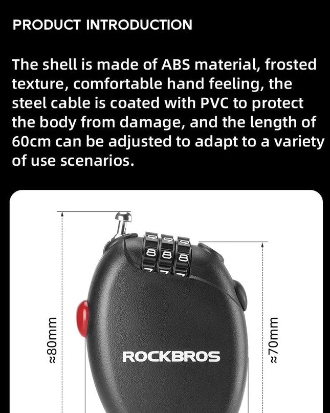 ROCKBROS Bicycle Lock Anti-theft Portable Lightweight 3-Digit Password Cable Lock Helmet Lock Chain Backpack Bike Accessories
