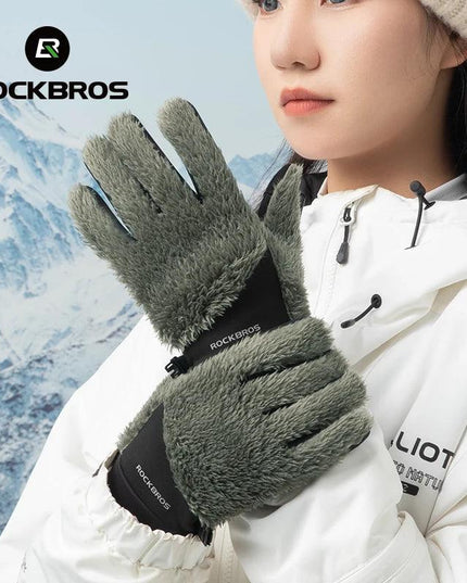 ROCKBROS Autumn Winter Ski Gloves Warm Windproof Gloves Cycling Snowboard Driving Double Layer Fleece-Lined Thickened Gloves