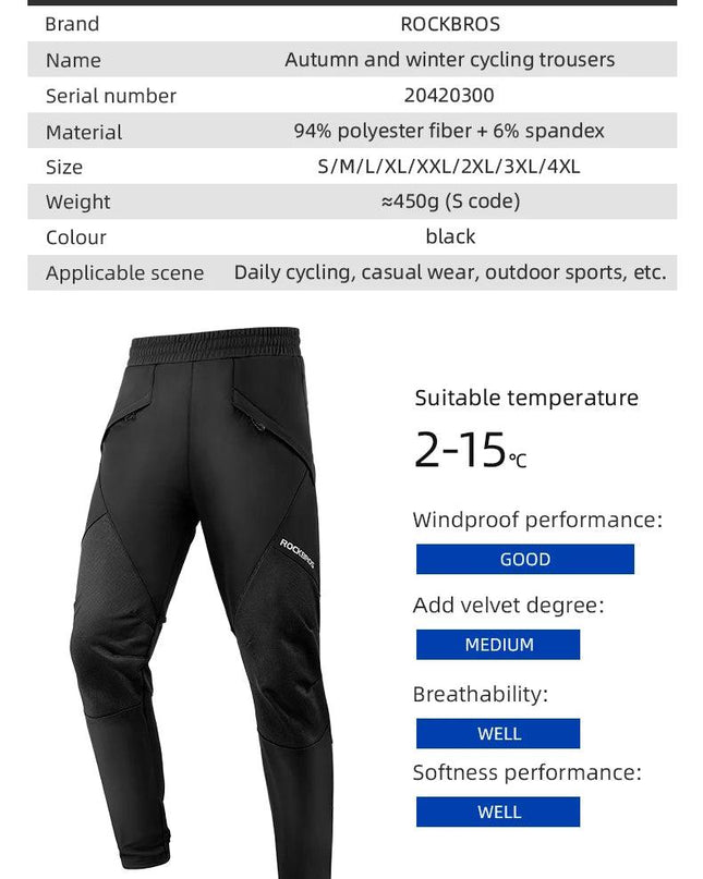 ROCKBROS Bike Pants Winter Bicycle Long Pants Thermal Fleece Reflective Cycling Pants Warm Windproof Men Sport Trousers EUR Size